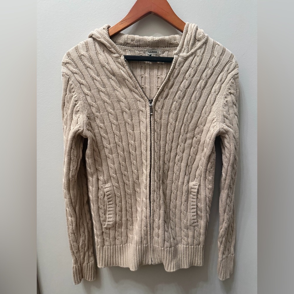 L.L. Bean Cable Knit Hooded Cardigan Sweater Women's Fisherman Ribbed Small Tan